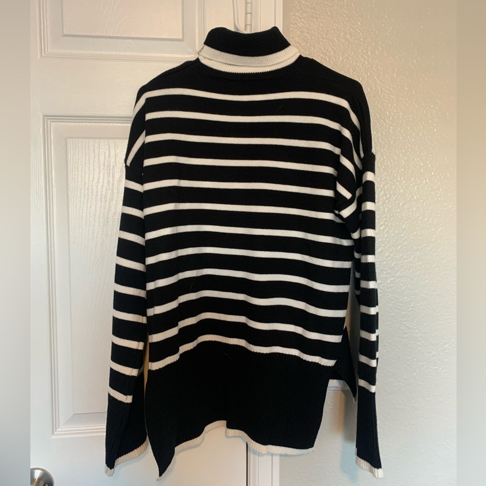 Black and white stripe turtleneck sweater
